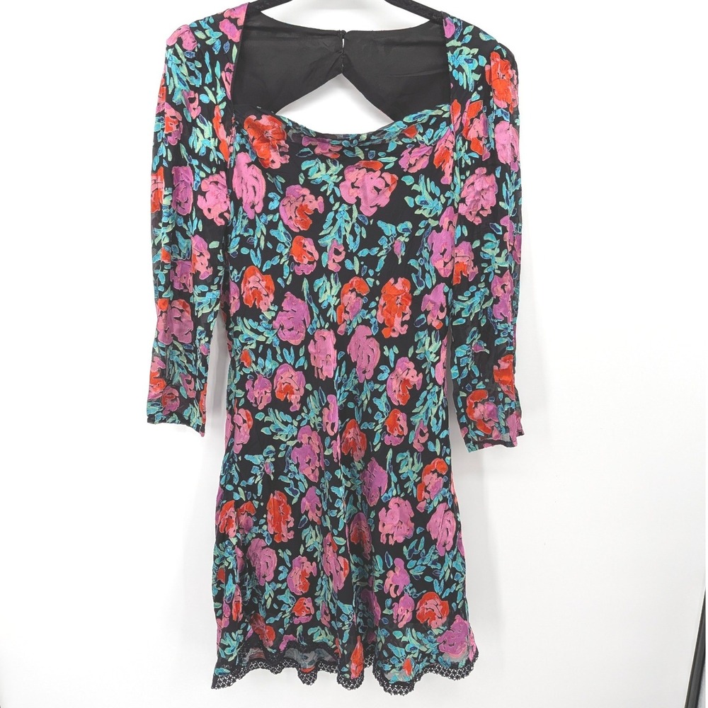 Astr Black Floral Mini Dress with Pink and Red Blooms and Teal Leaves